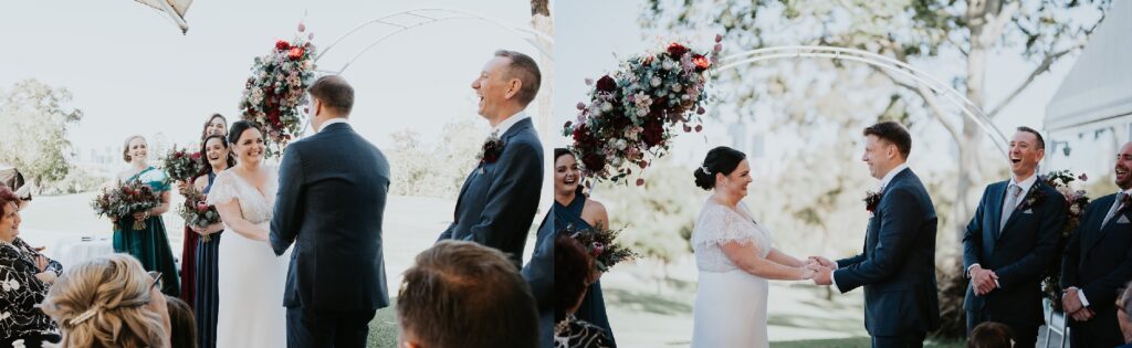 Wedding Celebrant Brisbane Cara Hodge delivering a happy, fun filled ceremony at Victoria Park featuring the bride and groom and their wedding party laughing passionately during the fun ceremony