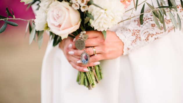 memory locket on brides bouquet