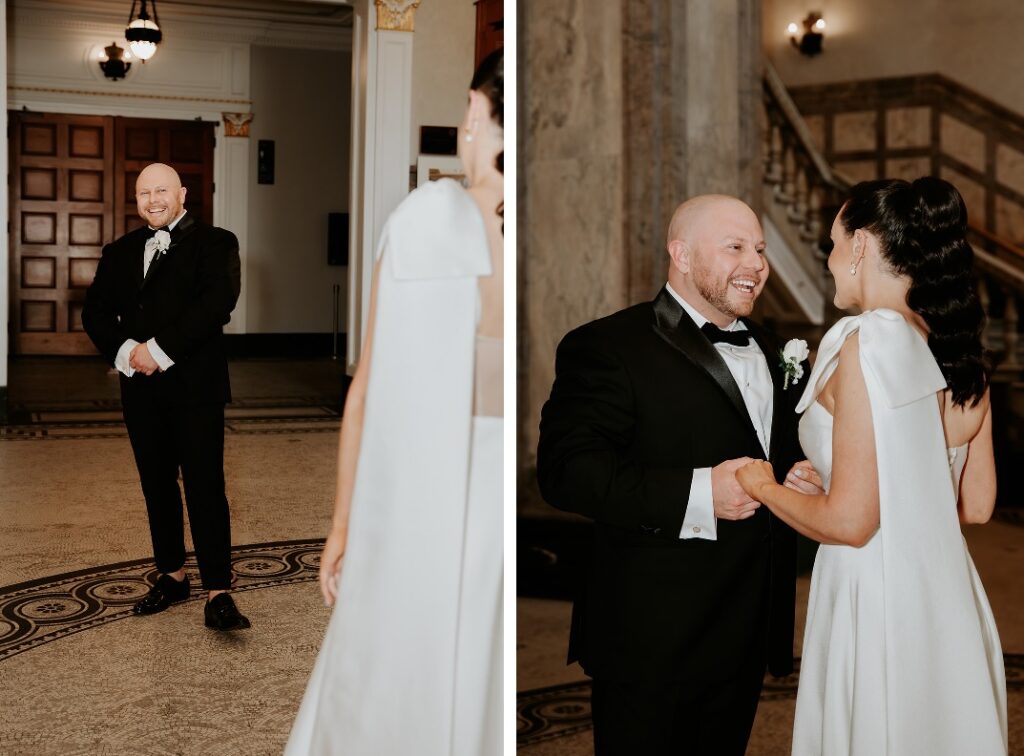 first look photos Brisbane City Hall, the groom smiling gleefully as he see's his bride for the first time on the wedding day