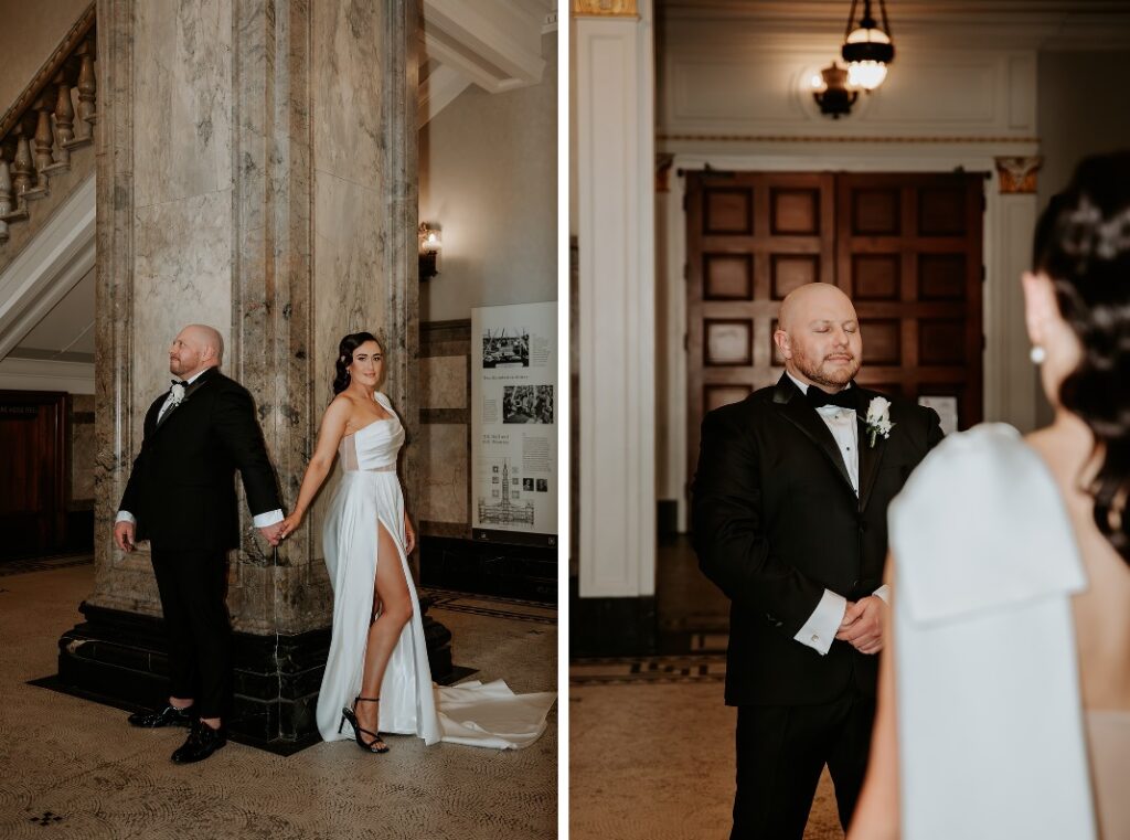 first look pre ceremony photos of bride and groom at Brisbane City Hall