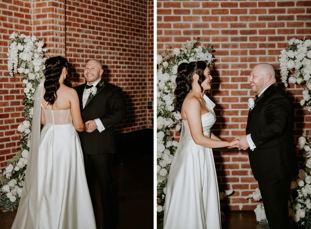 bride and groom smiling and laughing during their fun light wedding ceremony with Brisbane Celebrant Cara Hodge