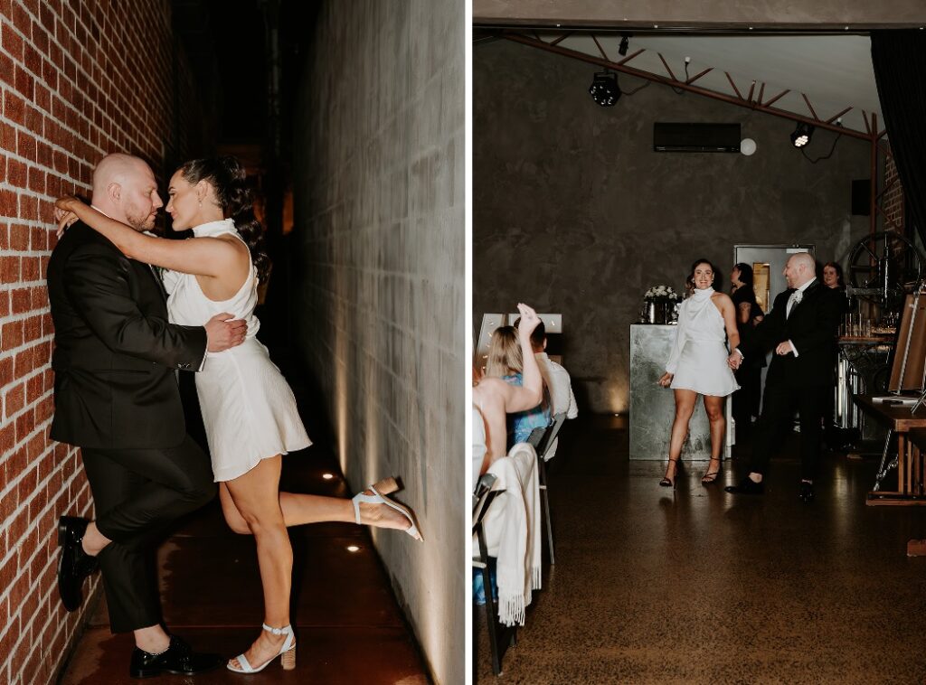 wedding reception entrance at Factory51 bride changed into a mini white bridal dress