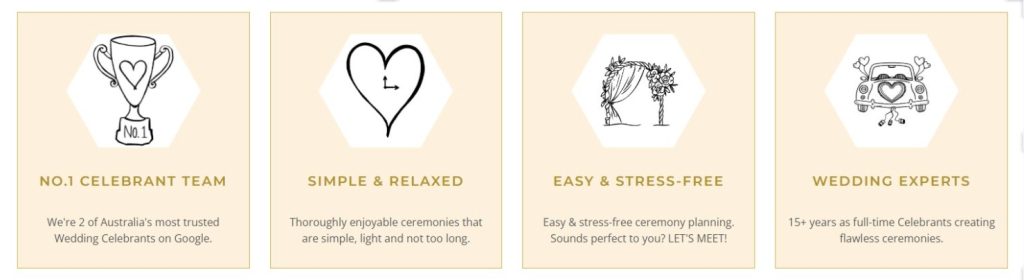 why choose Brisbane City Celebrants? Highly rated with hundreds of 5 star reviews, so Jamie and Cara are Celebrants you can trust in. Simple, enjoyable and relaxed ceremonies, wedding ceremony planning made easy and stress-free, wedding experts with over 15 years' experience each.